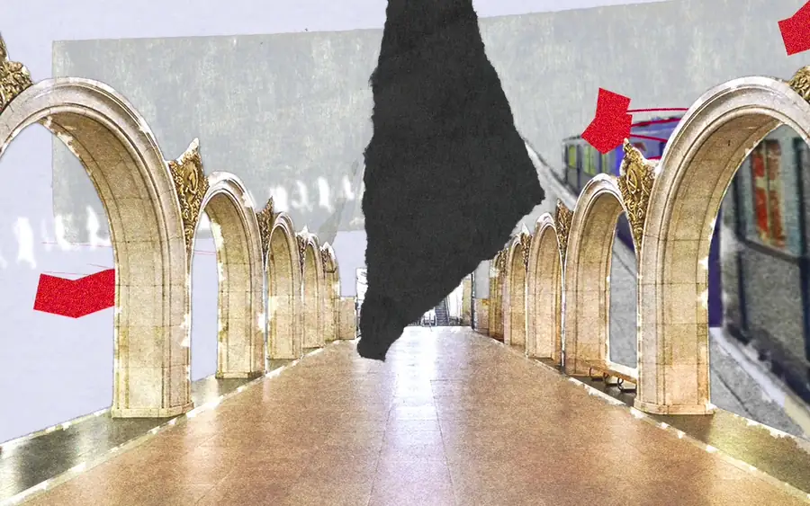 Collage: a girl in a white dress runs under the station arches
