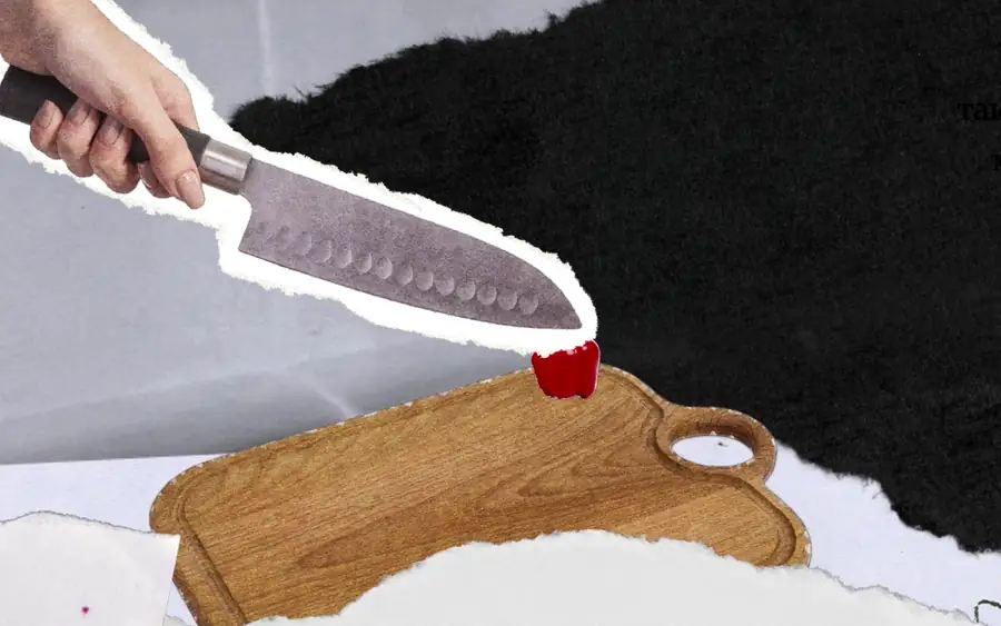 A knife cuts a red pepper